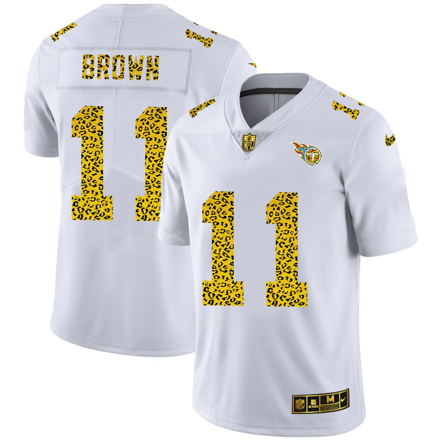 Custom Tennessee Titans 11 A.J. Brown Men Nike Flocked Leopard Print Vapor Limited NFL Jersey White